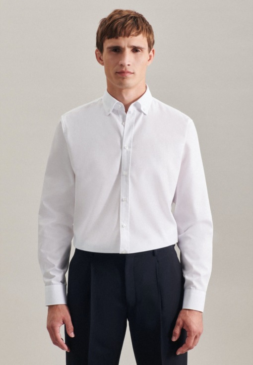Bügelfreies Popeline Business Hemd in Shaped mit Button-Down-Kragen Uni