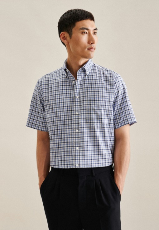 Bügelfreies Twill Kurzarm Business Hemd in Comfort mit Button-Down-Kragen Karo