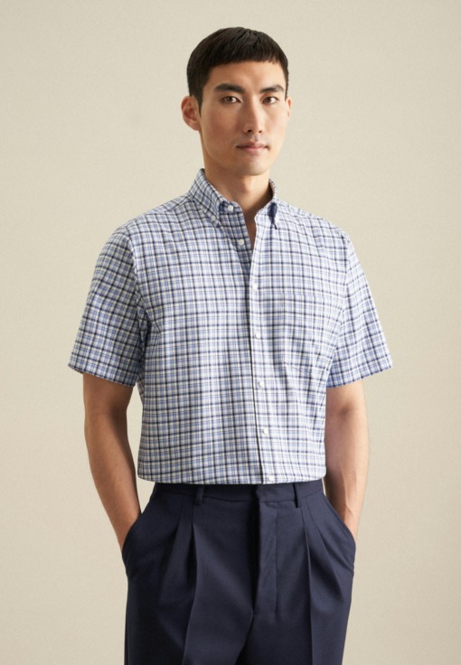 Bügelfreies Twill Kurzarm Business Hemd in Regular mit Button-Down-Kragen Karo